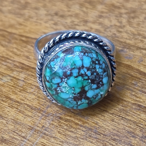 925 Sterling Silver Ring With A Green Matrix Turquoise Stone Size 6.25 (#7) - Picture 4 of 4